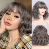 Yeknu Short Brown Wig Synthetic Wigs with Bangs for Women Purple Water Wave Natural Bob Wigs Heat Resistant False Hair