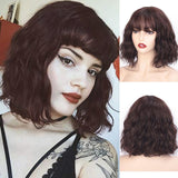 Yeknu Short Brown Wig Synthetic Wigs with Bangs for Women Purple Water Wave Natural Bob Wigs Heat Resistant False Hair
