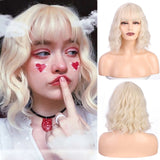 Yeknu Short Brown Wig Synthetic Wigs with Bangs for Women Purple Water Wave Natural Bob Wigs Heat Resistant False Hair
