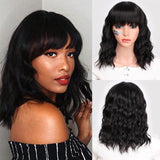 Yeknu Short Brown Wig Synthetic Wigs with Bangs for Women Purple Water Wave Natural Bob Wigs Heat Resistant False Hair