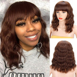Yeknu Short Brown Wig Synthetic Wigs with Bangs for Women Purple Water Wave Natural Bob Wigs Heat Resistant False Hair