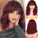 Yeknu Short Brown Wig Synthetic Wigs with Bangs for Women Purple Water Wave Natural Bob Wigs Heat Resistant False Hair