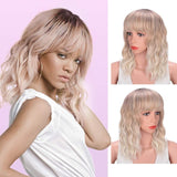 Yeknu Short Brown Wig Synthetic Wigs with Bangs for Women Purple Water Wave Natural Bob Wigs Heat Resistant False Hair