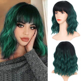 Yeknu Short Brown Wig Synthetic Wigs with Bangs for Women Purple Water Wave Natural Bob Wigs Heat Resistant False Hair