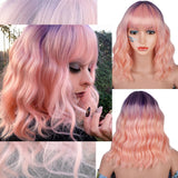 Yeknu Short Brown Wig Synthetic Wigs with Bangs for Women Purple Water Wave Natural Bob Wigs Heat Resistant False Hair