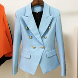 Yeknu  Classic Designer Blazer Jacket Women's Slim Fitting Metal Lion Buttons Double Breasted Blazer