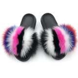 Yeknu Fur Slippers Women Real Fox Fur Slides Home Furry Flat Sandals Female Cute Fluffy House Shoes Woman Brand Luxury