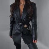 Yeknu Fall jacket women leather jacket vintage long coat women pu faux leather coat notched single breasted blazer streetwear