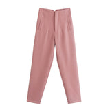 Yeknu Spring Trouser Suits High Waisted Pants Women Fashion Office Beige Pants Chic Button Zip Elegant Pink Casual Woman Pants