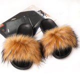 Yeknu Hot Sale Summer Women Fox Fur Slippers Furry Slippers Designer Fur Slides Girls Black Fur Slides Gorgeous Big Fur Slides Sandal