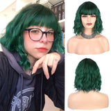 Yeknu Short Brown Wig Synthetic Wigs with Bangs for Women Purple Water Wave Natural Bob Wigs Heat Resistant False Hair
