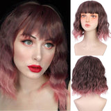 Yeknu Short Brown Wig Synthetic Wigs with Bangs for Women Purple Water Wave Natural Bob Wigs Heat Resistant False Hair