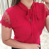 Yeknu Plus Size 5xl Elegant Lace Up Bow Tie Shirt Summer Short Sleeve Solid Color Chiffon Casual Blouse Office Lady Blusas Women Tops