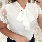 Yeknu Plus Size 5xl Elegant Lace Up Bow Tie Shirt Summer Short Sleeve Solid Color Chiffon Casual Blouse Office Lady Blusas Women Tops