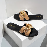 Yeknu New Ladies Slippers Summer Slides Fashion Black Metal Chain Decorated Flat Round Toe Women Slides Female Beach Shoes