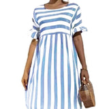 Yeknu Summer New Fashion O Neck Women's Dress Casual Loose Solid Short Sleeve Ruffle Patchwork Pocket Ladies Stripe Dress