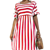 Yeknu Summer New Fashion O Neck Women's Dress Casual Loose Solid Short Sleeve Ruffle Patchwork Pocket Ladies Stripe Dress