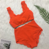 Yeknu New Women Swimsuit Scalloped High Waist Bikini Set Solid Two Pieces Plus Size Swimwear Biquini Tankini