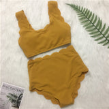 Yeknu New Women Swimsuit Scalloped High Waist Bikini Set Solid Two Pieces Plus Size Swimwear Biquini Tankini