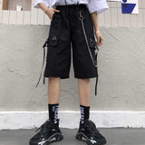 Yeknu Streetwear Womens Shorts Ribbons High Waist Short Harajuku Summer Black Wide Leg Cargo Women's Shorts Female Solid Trousers