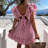 Yeknu Summer Butterfly Sleeve Floral Print Dress Women Ruffle Square Collar Back Lace-up Sundress Boho A Line Beach Party Dress