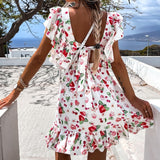 Yeknu Summer Butterfly Sleeve Floral Print Dress Women Ruffle Square Collar Back Lace-up Sundress Boho A Line Beach Party Dress