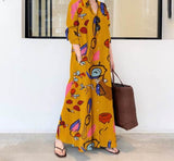 Yeknu Elegant Printed Shirt Dress Women's Autumn Sundress Casual Long Sleeve Maxi Vestido Female Lapel Button Robe