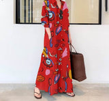 Yeknu Elegant Printed Shirt Dress Women's Autumn Sundress Casual Long Sleeve Maxi Vestido Female Lapel Button Robe