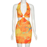 Yeknu Tie Dry Two Piece Set Women Sexy Halter Sequined Beachwear Cleavage Crop Top+Mini Skirt Suit Female