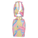 Yeknu Tie Dry Two Piece Set Women Sexy Halter Sequined Beachwear Cleavage Crop Top+Mini Skirt Suit Female