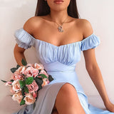 Yeknu Summer's New Solid-colored Simple One-word Shoulder-length Skirt Summer Slash Neck  Puff Sleeve  Dresses for Women