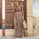 Yeknu Summer Boho Long Dress Women Casual 7 Colors Printed V Neck Tunic Party Dresses Female Elegant High Slit Beach Robe Dress