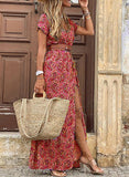 Yeknu Summer Boho Long Dress Women Casual 7 Colors Printed V Neck Tunic Party Dresses Female Elegant High Slit Beach Robe Dress