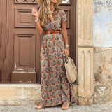 Yeknu Summer Boho Long Dress Women Casual 7 Colors Printed V Neck Tunic Party Dresses Female Elegant High Slit Beach Robe Dress