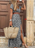 Yeknu Summer Boho Long Dress Women Casual 7 Colors Printed V Neck Tunic Party Dresses Female Elegant High Slit Beach Robe Dress