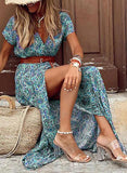 Yeknu Summer Boho Long Dress Women Casual 7 Colors Printed V Neck Tunic Party Dresses Female Elegant High Slit Beach Robe Dress