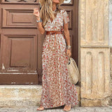 Yeknu Summer Boho Long Dress Women Casual 7 Colors Printed V Neck Tunic Party Dresses Female Elegant High Slit Beach Robe Dress