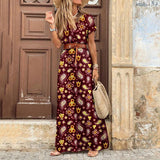 Yeknu Summer Boho Long Dress Women Casual 7 Colors Printed V Neck Tunic Party Dresses Female Elegant High Slit Beach Robe Dress