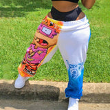 Yeknu Women Pants Loose Sports Casual Pants Comics Printed patchwork Joggers Pants Hip Hop Casual Trousers