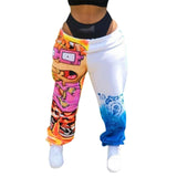 Yeknu Women Pants Loose Sports Casual Pants Comics Printed patchwork Joggers Pants Hip Hop Casual Trousers
