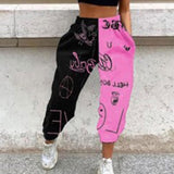 Yeknu Women Pants Loose Sports Casual Pants Comics Printed patchwork Joggers Pants Hip Hop Casual Trousers