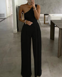 Yeknu Summer Women Fashion Sleeveless Jumpsuit Ruched Plain Wide Leg Pants Casual Solid One Shoulder Track Suit Outfits
