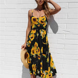 Yeknu Summer New Women's Dresses, Long Floral Print, Bohemian Dresses, V-neck Button Sleeves, Beachwear, Casual Wear, Plus Size