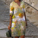 Yeknu Elegant Women Dress Summer Vintage Print V-Neck Half Sleeve A-Line Dress Sundress Fashion Female Loose Dresses Vestidos
