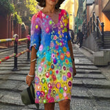 Yeknu Elegant Women Dress Summer Vintage Print V-Neck Half Sleeve A-Line Dress Sundress Fashion Female Loose Dresses Vestidos