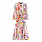Yeknu Fashion printing Poplin Lapel Seven points Sleeve Summer Women's Dress Casual Chic Loose Female Clothing Robe Dresses