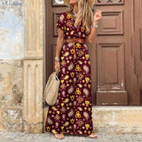 Yeknu Womens Floral Vintage Boho Long Dress Print V-Neck Short Sleeve Elegant Dress Bohemian Vestidos Plus Size Dresses New