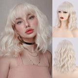 Yeknu Short Brown Wig Synthetic Wigs with Bangs for Women Purple Water Wave Natural Bob Wigs Heat Resistant False Hair