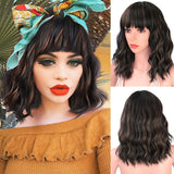Yeknu Short Brown Wig Synthetic Wigs with Bangs for Women Purple Water Wave Natural Bob Wigs Heat Resistant False Hair