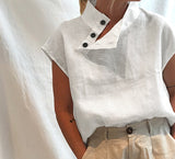 Yeknu Stylish Blouses Summer Women Cotton Linen Short Sleeve Buttons Solid Shirts Casual Loose Tunic Top Light Thin Blusas